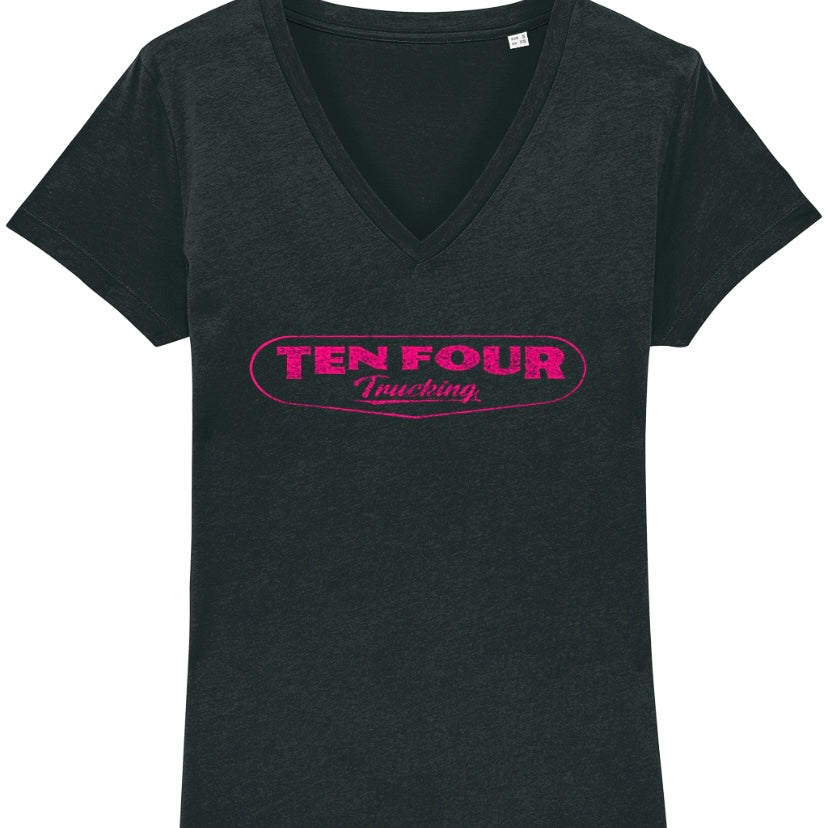 Ladies Pink Ten Four Traditional Fitted Trucker VNeck T Shirt in Black